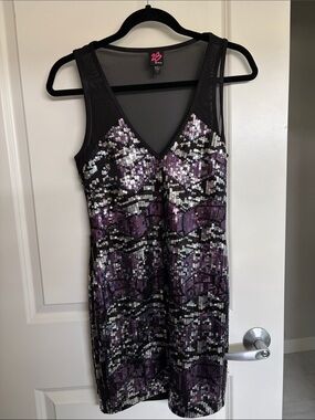 2B Bebe Black and Purple Sequin V-Neck Mini Dress
